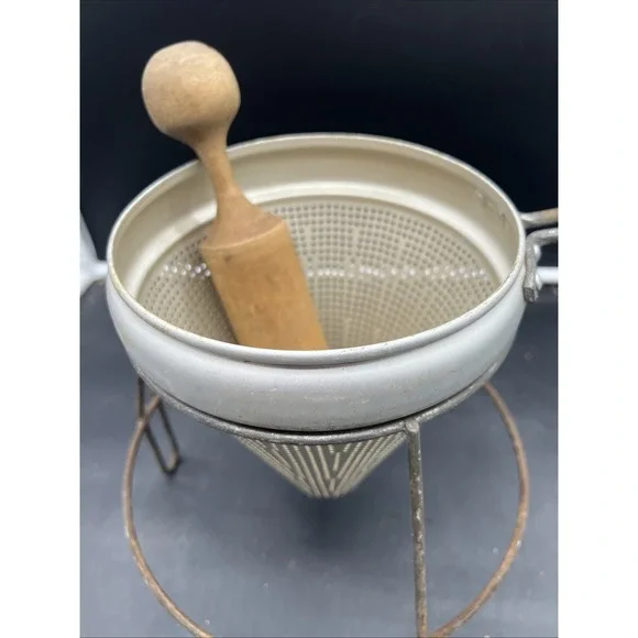Vintage Aluminum Sieve Strainer 1970s w/ Stand and Wood Masher - Wood Canning - Picture 2 of 10